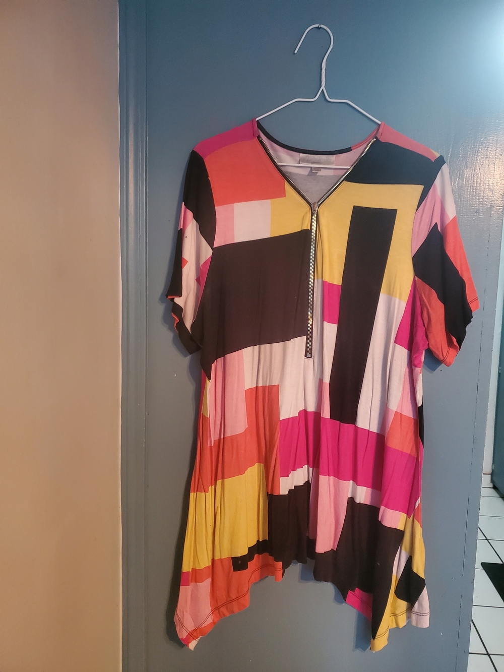 Avenue Multicolor Geometric Zip-Front Tunic — Pink, Yellow, Orange, Black, Cream